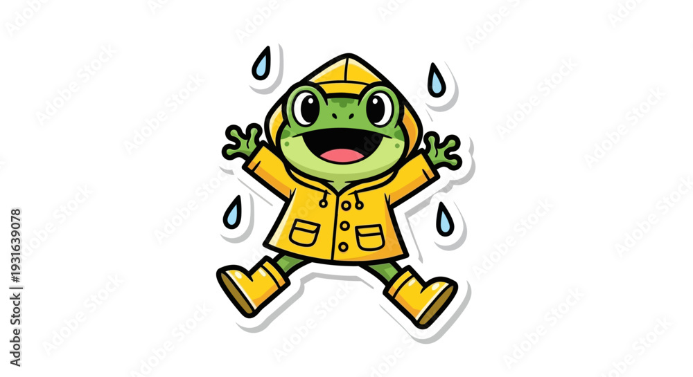 Obraz premium Happy Frog in Raincoat Jumping in Rain