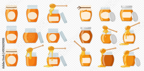 Set of honey jars with dippers, various shapes and sizes, sweet natural product collection.