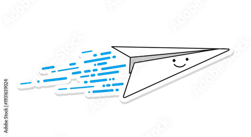 Happy Paper Airplane Flying Fast with Blue Speed Lines