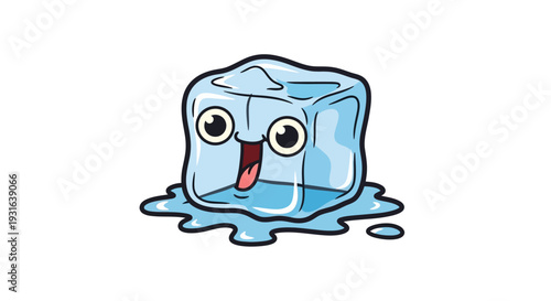 Happy Melting Ice Cube Character with Big Eyes and Open Mouth, Isolated on White