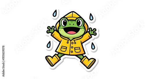 Happy Frog in Raincoat Jumping in Rain