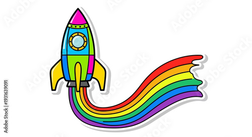 Colorful Rocket Ship Launching with Rainbow Trail