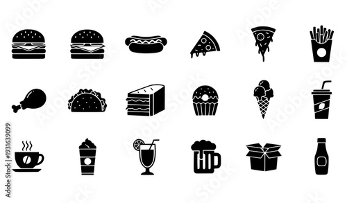 Black Silhouette Fast Food and Beverage Icon Set