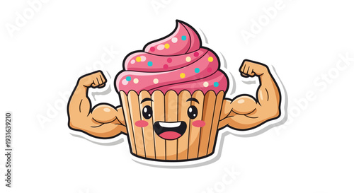 Cartoon cupcake flexing strong muscles, healthy food concept