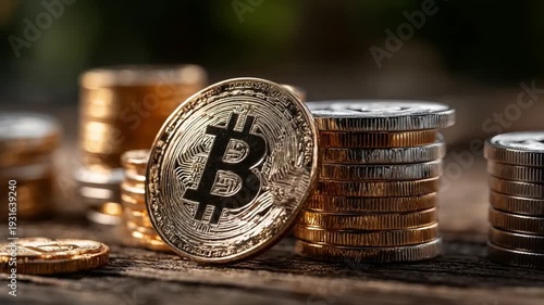 Bitcoin's Golden Touch: The digital currency Bitcoin shines, surrounded by piles of coins, symbolizing the evolving landscape of digital finance and the rise of cryptocurrency.
