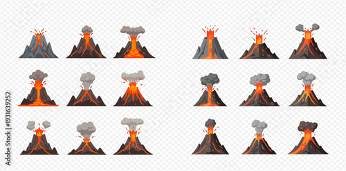 Volcano eruption stages with lava and smoke, set of natural disaster icons.