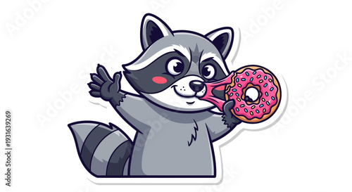 Cute Raccoon Eating Pink Donut with Sprinkles