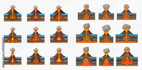 Volcano eruption stages with magma, lava, and ash, showing the geological process of volcanic activity.