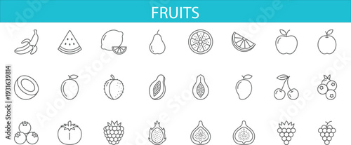 Fruit line icon set featuring banana, watermelon, lemon, pear, apple, cherry, grape and tropical fruits outline vector collection isolated on white background