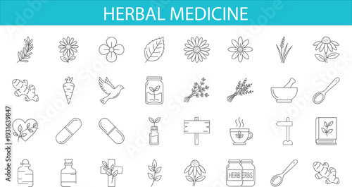 Herbal medicine and natural remedy line icon set featuring medicinal plants, essential oils, herbal tea, supplements and alternative healthcare outline vector collection