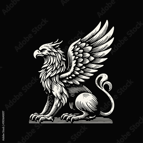 Majestic white griffin mythical creature illustration, detailed heraldic fantasy emblem on a dark black background