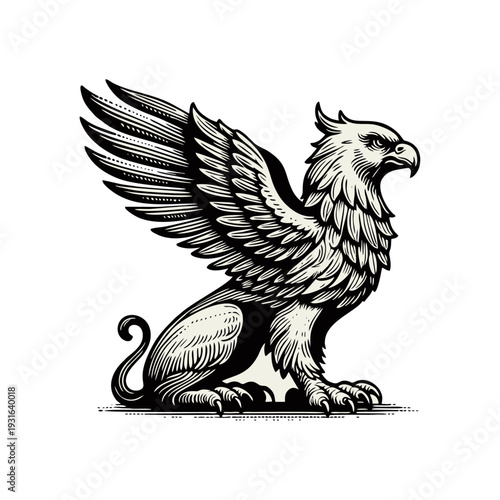 Griffin Mythical Creature Illustration. Majestic Black and White Heraldic Emblem with Eagle Head, Lion Body, and Powerful Wings.