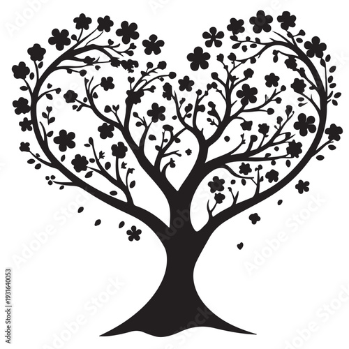 Abstract nature art design featuring a floral silhouette of a tree with hearts and decorative swirl patterns on a branch with spring leaves as a symbol of growth