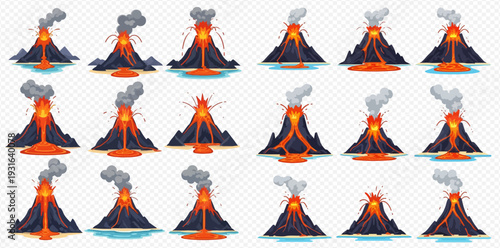Set of cartoon volcano eruptions with lava and smoke, isolated on transparent background.