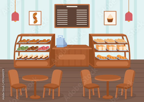 Cafe bakery and pastry shop with tables and chairs