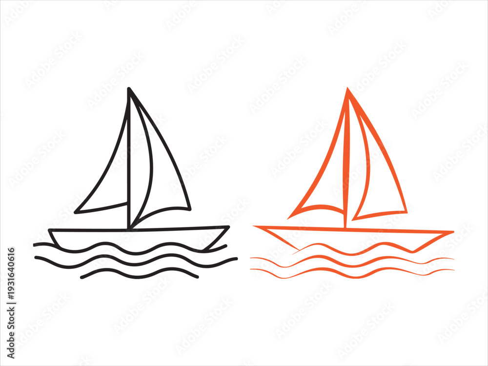 Fototapeta premium Sailboat Line Icon Set in Red and Black on Waves. Sailboat Line Icon Set in Red and Black on Waves vector illustration