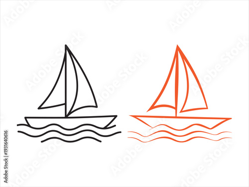 Sailboat Line Icon Set in Red and Black on Waves. Sailboat Line Icon Set in Red and Black on Waves vector illustration