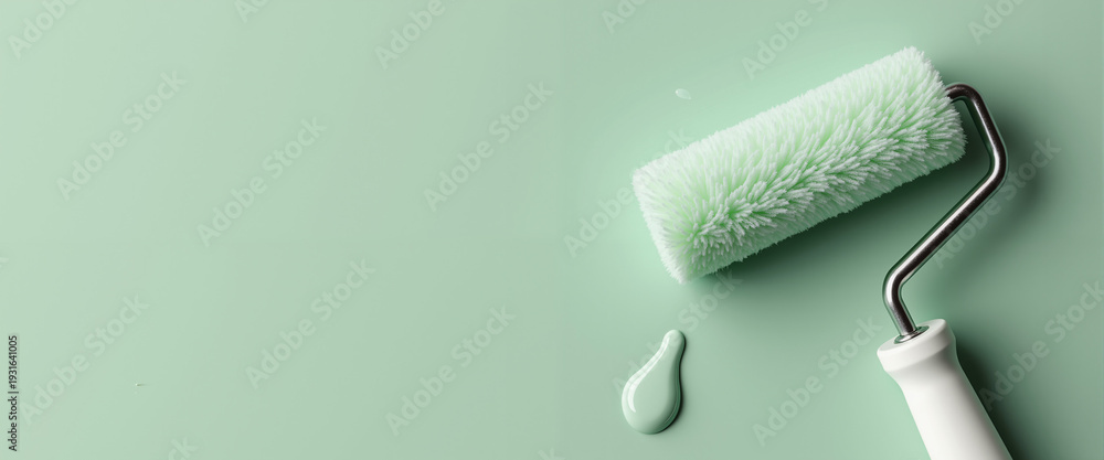 Obraz premium Small paint roller resting on freshly painted mint green wall 