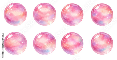 A charming watercolor collection of round-shaped pink opal rhinestone, including glossy cosmic spheres.