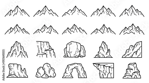 Hand Drawn Mountains and Rock Formations Line Art
