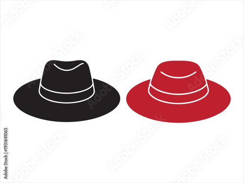 Fedora Hat Silhouette Icon Set in Black and Red. Classic fedora hat trio showing  silhouette and realistic color designs vector