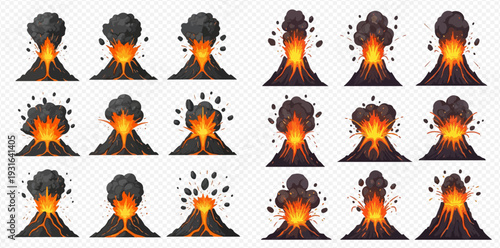 Volcano eruption animation frames set with lava, smoke, and debris isolated on transparent background.