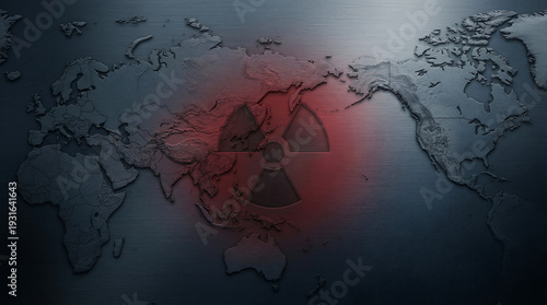 Abstract radiation symbol subtly integrated into textured political map surface representing global nuclear threat  