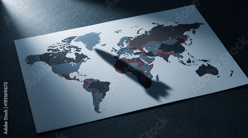 Detailed political map with large blurred missile silhouette shadow  