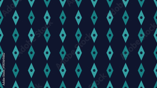 Abstract seamless geometric pattern featuring teal diamond motifs with central dots on a dark navy background perfect for modern digital wallpaper and professional textile prints