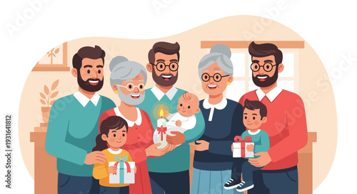This flat design vector illustration portrays a joyful family celebration after a baptism, with diverse members gathered together