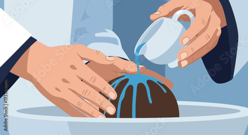 A poignant flat design vector illustration depicting the priest's hands gently pouring holy water during a baptism. This minimalist artwork emphasizes the sacred act of anointing