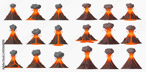 Set of erupting volcanoes with lava flows and smoke clouds, natural disaster illustrations.
