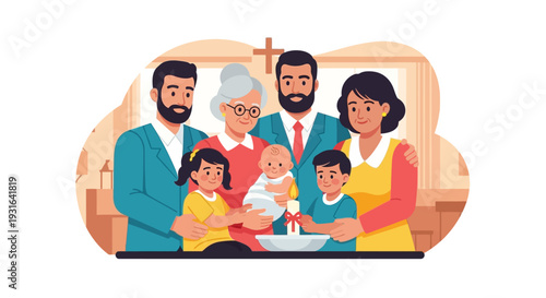 This flat design vector illustration portrays a joyful family celebration after a baptism, with diverse members gathered together