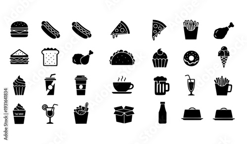 Clean Black Silhouette Fast Food and Beverage Icons Vector Set