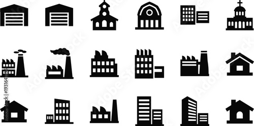 Building and factory silhouette icon set including houses, warehouses, churches and industrial plants isolated on white background, simple black vector illustration