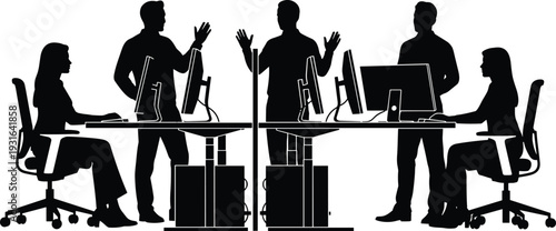 Business team meeting silhouette vector featuring office workers discussing project at computers, collaborative workspace scene isolated on white background for corporate design