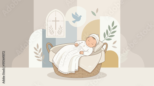 A beautiful flat design vector illustration of a serene baby adorned in a pristine white baptismal gown