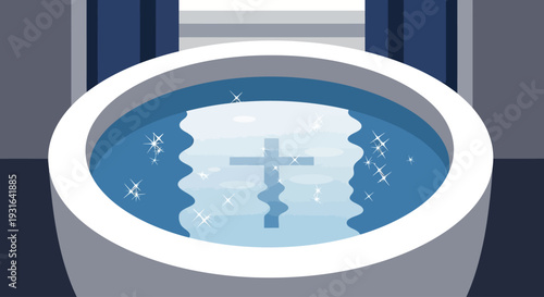 This flat design vector illustration showcases a baptismal font filled with holy water, subtly reflecting a cross. It represents the central element of the baptism sacrament in a clean
