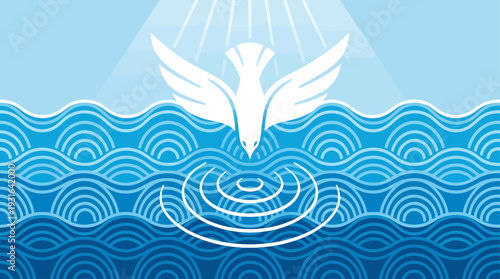 A serene flat design vector illustration depicting the Holy Spirit as a dove descending over calm baptismal water.