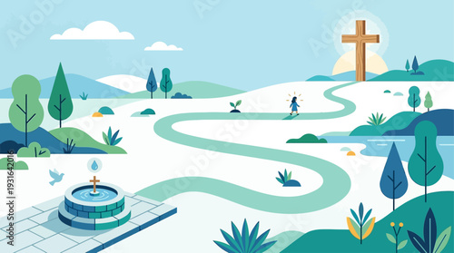 This flat design vector illustration symbolically portrays baptism as the beginning of a spiritual journey of faith, with a figure moving towards a cross