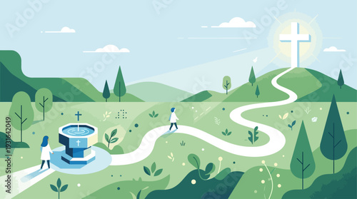 This flat design vector illustration symbolically portrays baptism as the beginning of a spiritual journey of faith, with a figure moving towards a cross