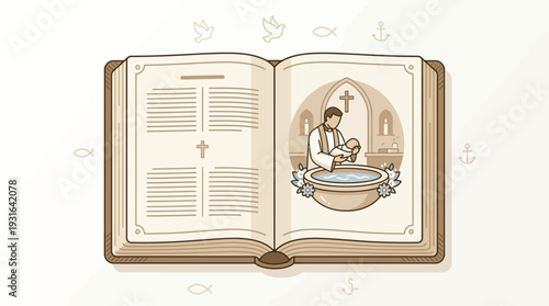 This flat design vector illustration features an open Bible with a subtle baptism scene depicted on its pages, symbolizing the scriptural foundation of the sacrament