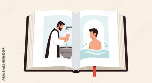 This flat design vector illustration features an open Bible with a subtle baptism scene depicted on its pages, symbolizing the scriptural foundation of the sacrament