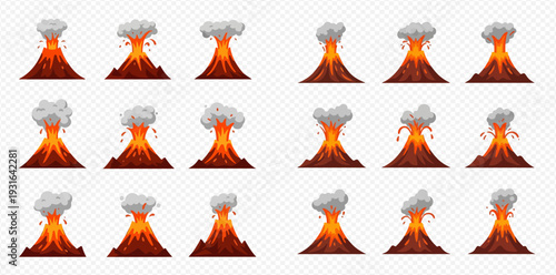 Cartoon volcano eruption animation frames, active lava mountain with smoke and fire, volcanic explosion stages, natural disaster concept.