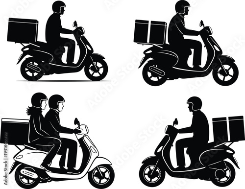 Delivery scooter silhouettes, courier rider, food transport, parcel shipping, urban logistics, fast service, package delivery, helmet worker, express transport, cad drawing flat vector illustration