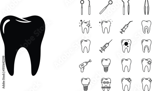 Dental care and dentistry icon set with tooth silhouettes, medical tools, braces, implants and treatment symbols isolated on white background vector illustration