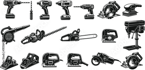 Power tools collection, cordless drill, screwdriver, impact driver, circular saw, chainsaw, jigsaw, angle grinder, construction equipment, cad drawing flat vector illustration
