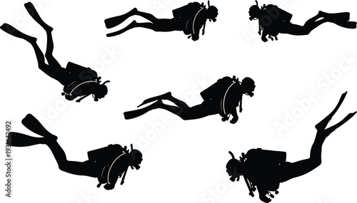 Scuba diver silhouettes, underwater swimming, diving gear, marine exploration, aquatic sport, fins mask tank, ocean adventure, cad drawing flat vector illustration