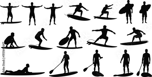 Surfing silhouettes collection, paddleboarding vector illustration, surfers action poses, ocean sport lifestyle design, dynamic wave riding stances, cad drawing flat vector illustration