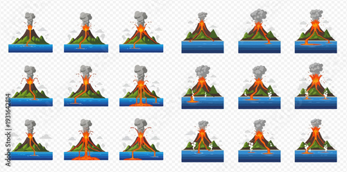 Volcano eruption stages with lava flowing into the ocean, set of illustrations.